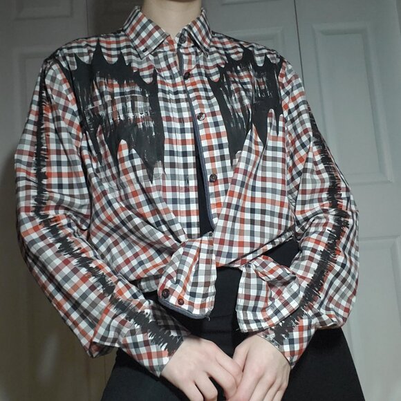 The Scarecrow, a red, orange, black & white cotton  checkered button-down shirt - Picture 4 of 15